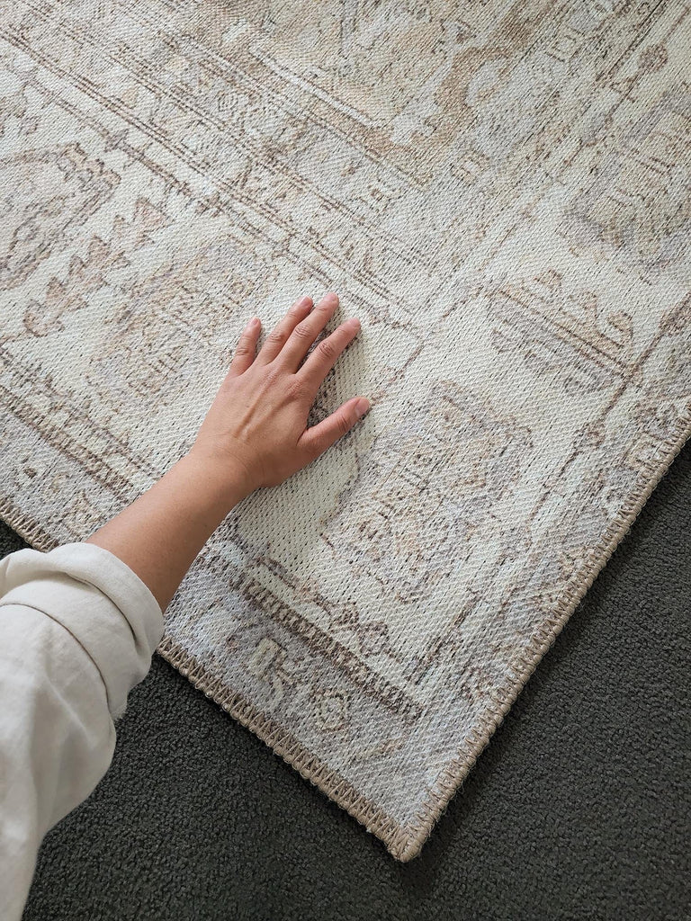 Aneesa Beige and Cream Traditional Distressed Washable Rug