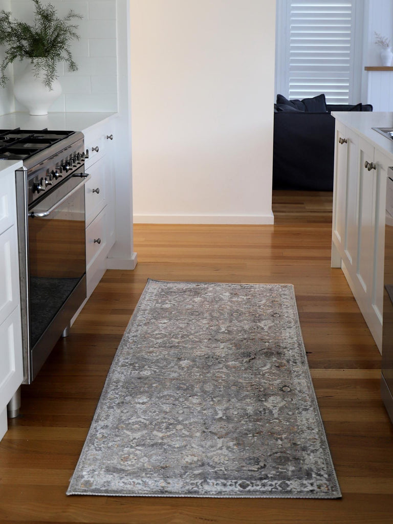 Ava Grey and Gold Traditional Distressed Washable Runner Rug