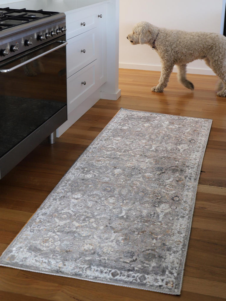Ava Grey and Gold Traditional Distressed Washable Runner Rug