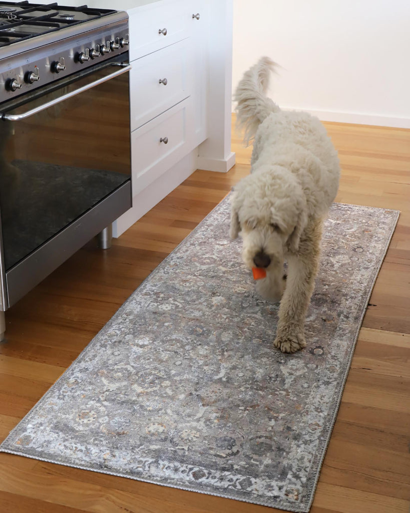 Ava Grey and Gold Traditional Distressed Washable Runner Rug