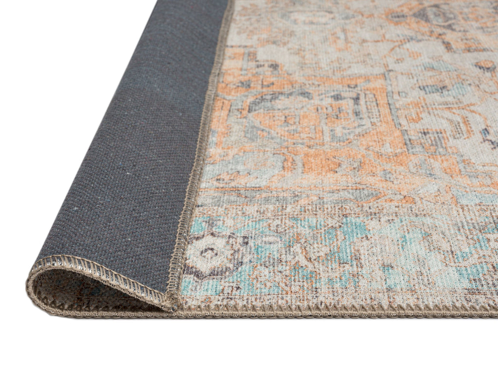 Ceren Orange and Blue Traditional Distressed Washable Rug