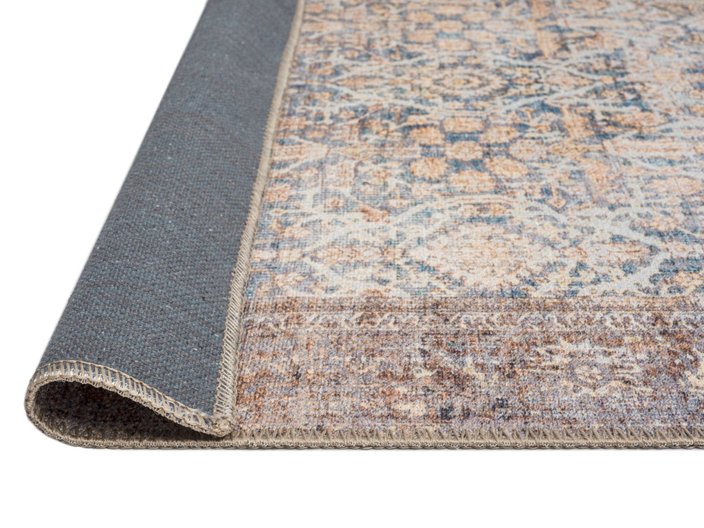 Krisna Brown and Blue Traditional Distressed Washable Rug