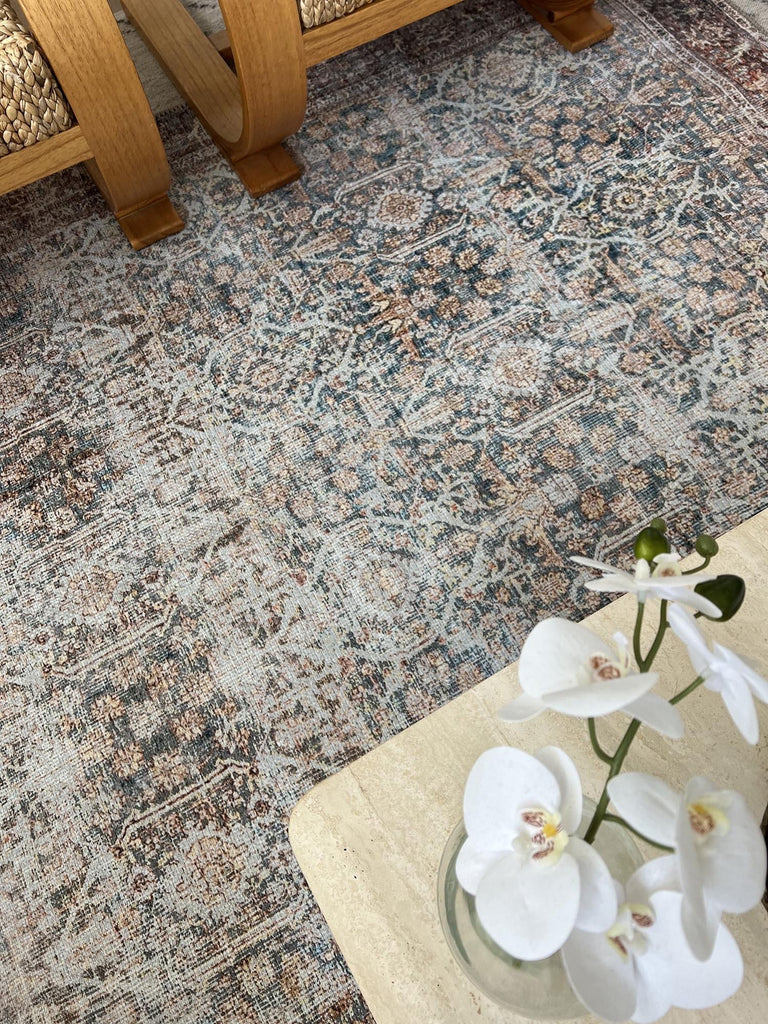 Krisna Brown and Blue Traditional Distressed Washable Rug