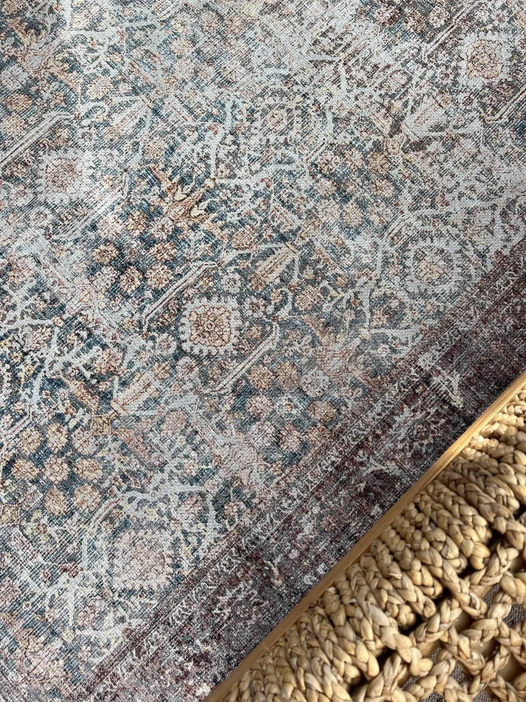 Krisna Brown and Blue Traditional Distressed Washable Rug