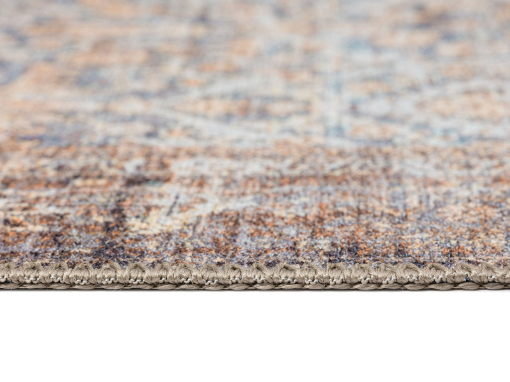 Krisna Brown and Blue Traditional Distressed Washable Rug