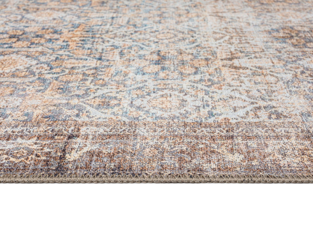 Krisna Brown and Blue Traditional Distressed Washable Rug