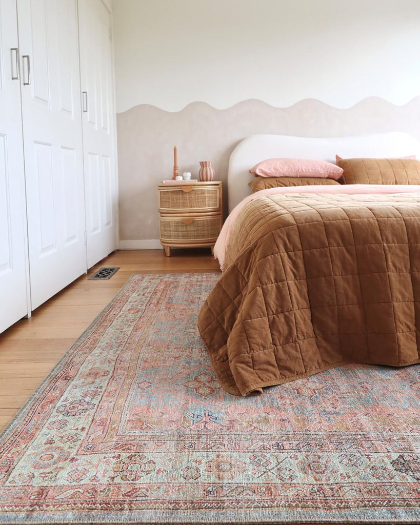 Narem Pink Orange and Blue Traditional Distressed Washable Rug