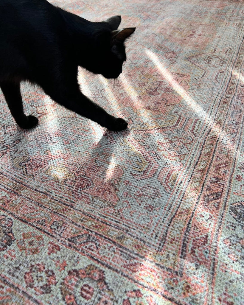 Narem Pink Orange and Blue Traditional Distressed Washable Rug