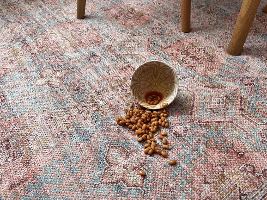 Narem Pink Orange and Blue Traditional Distressed Washable Rug