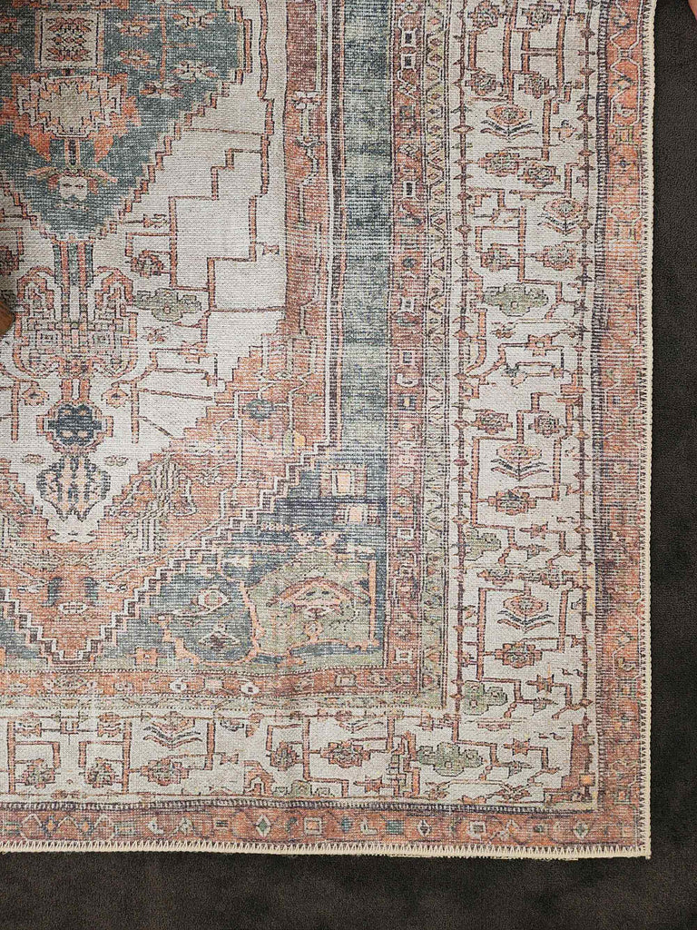 Priya Orange and Green Traditional Distressed Washable Rug