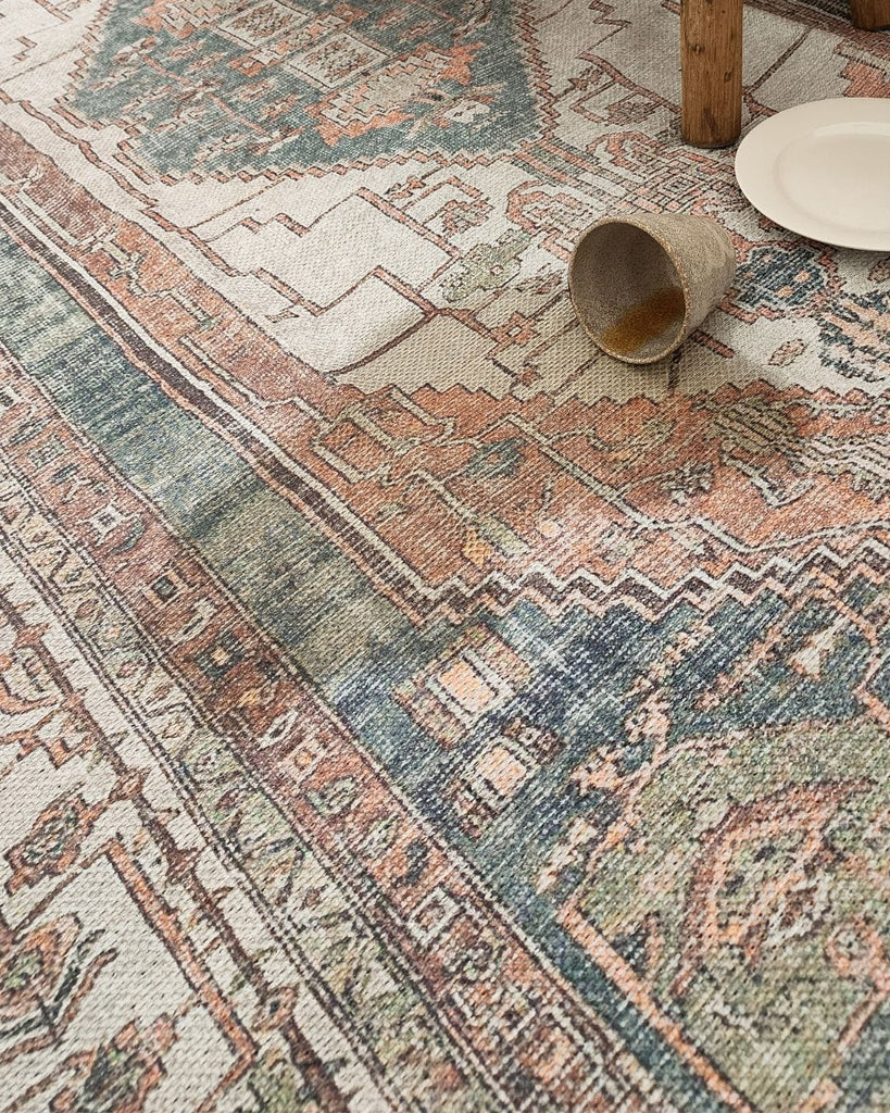 Priya Orange and Green Traditional Distressed Washable Rug