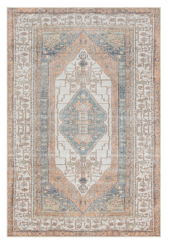 Priya Orange and Green Traditional Distressed Washable Rug