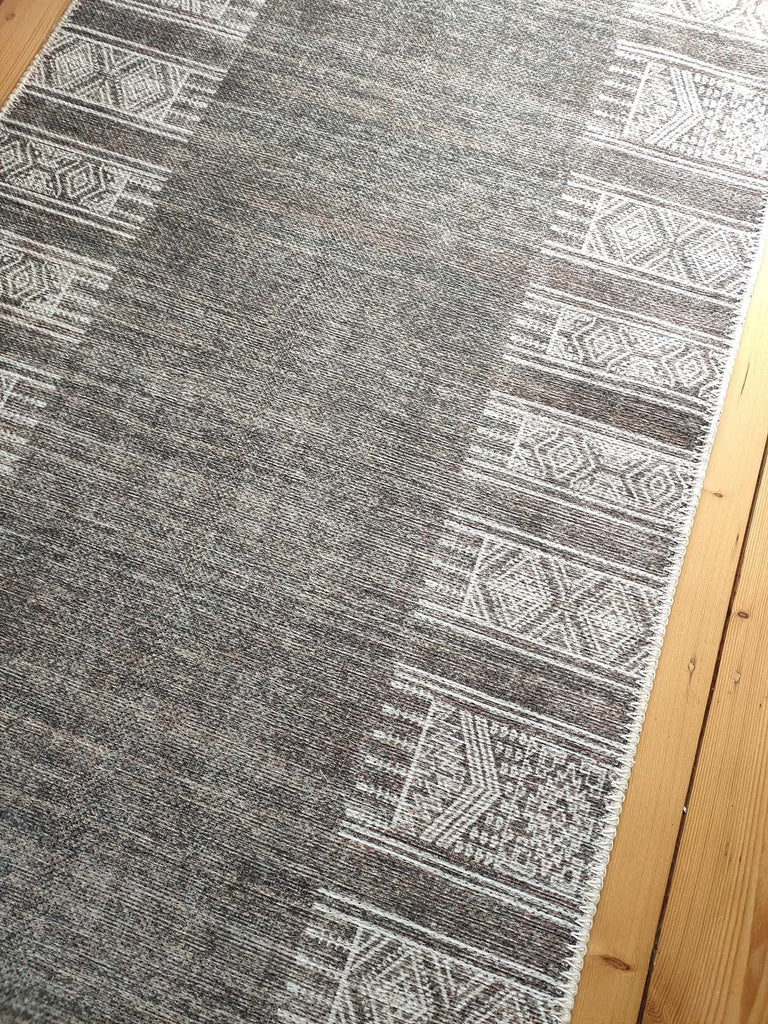 Raia Charcoal and Grey Tribal Distressed Washable Runner Rug