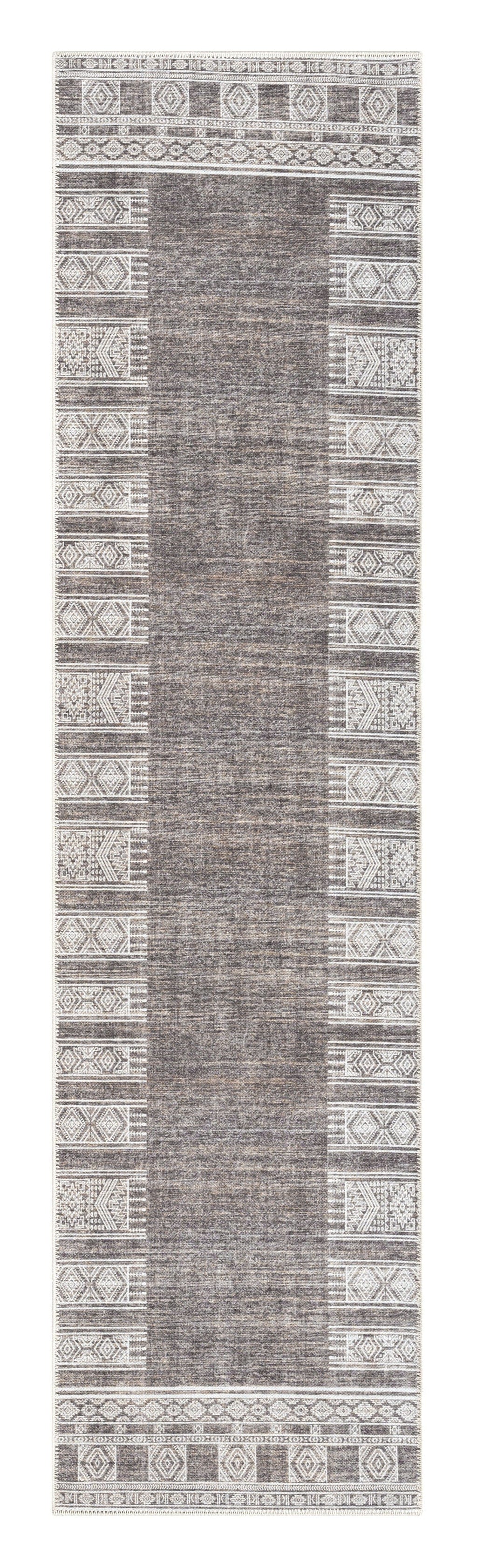 Raia Charcoal and Grey Tribal Distressed Washable Runner Rug