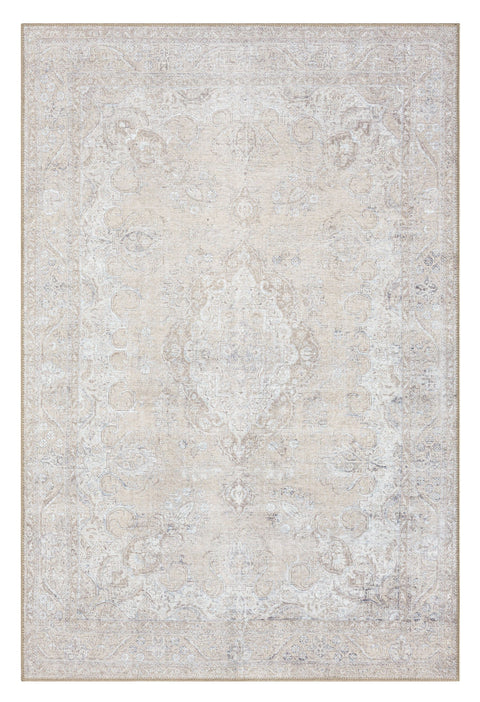 Tinka Beige and Grey Traditional Distressed Washable Rug
