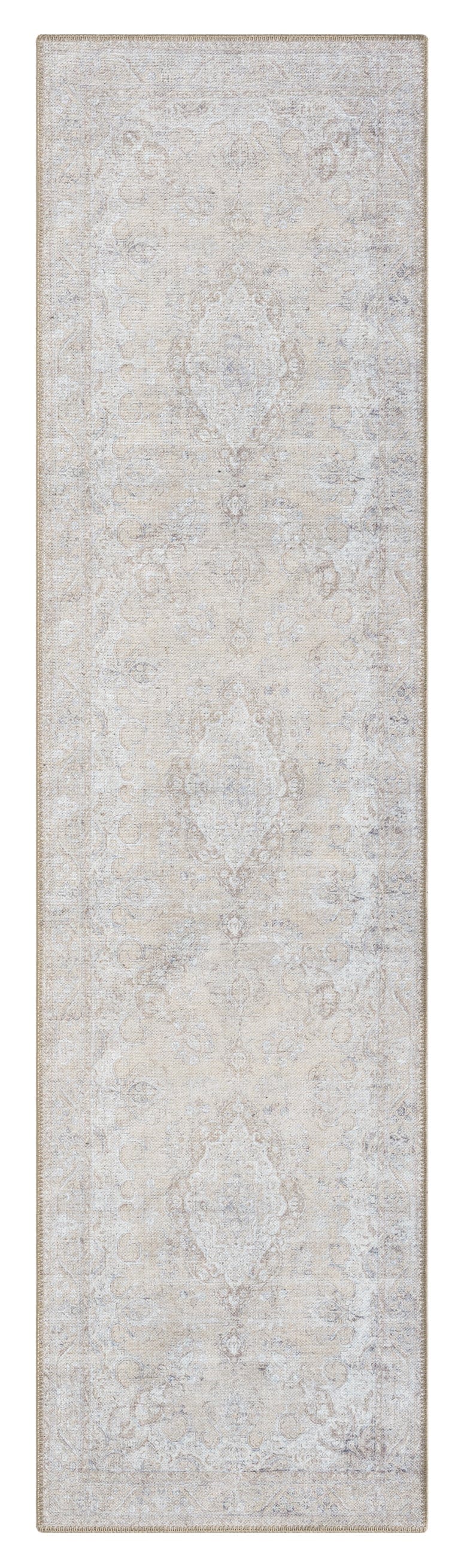 Tinka Beige and Grey Traditional Distressed Washable Runner Rug