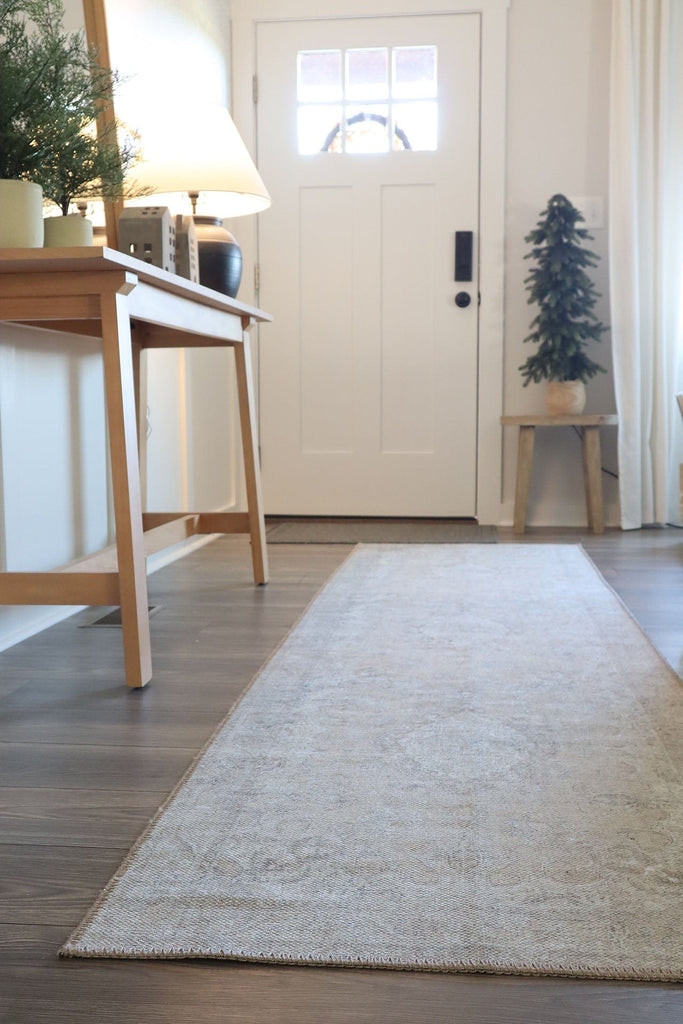 Tinka Beige and Grey Traditional Distressed Washable Runner Rug