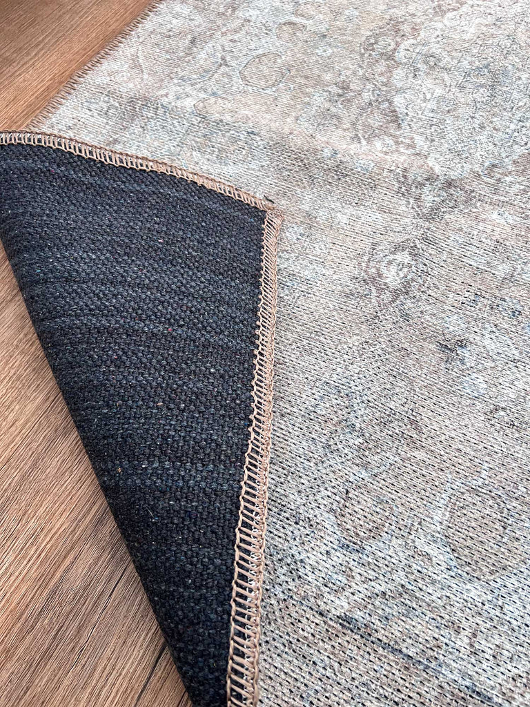 Tinka Beige and Grey Traditional Distressed Washable Runner Rug