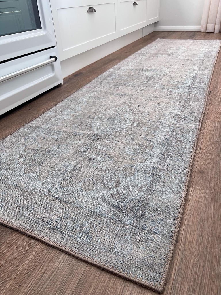 Tinka Beige and Grey Traditional Distressed Washable Runner Rug