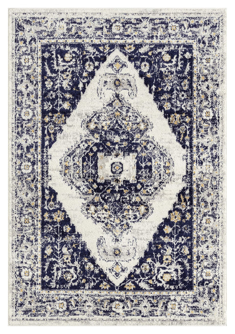 Basia Navy Blue and Yellow Traditional Medallion Rug