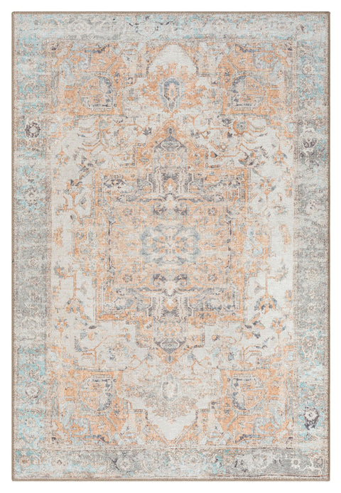 Ceren Orange and Blue Traditional Distressed Washable Rug