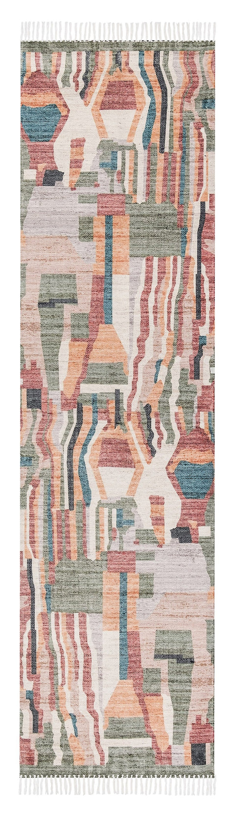 Fern Green and Orange Multi-Color Abstract Tribal Indoor Outdoor Runner Rug