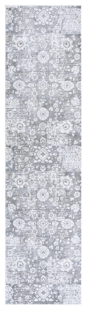 Indra Grey And Blue Faded Floral Runner Rug