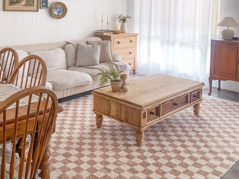 Jazine Cream and Brown Chequered Washable Rug
