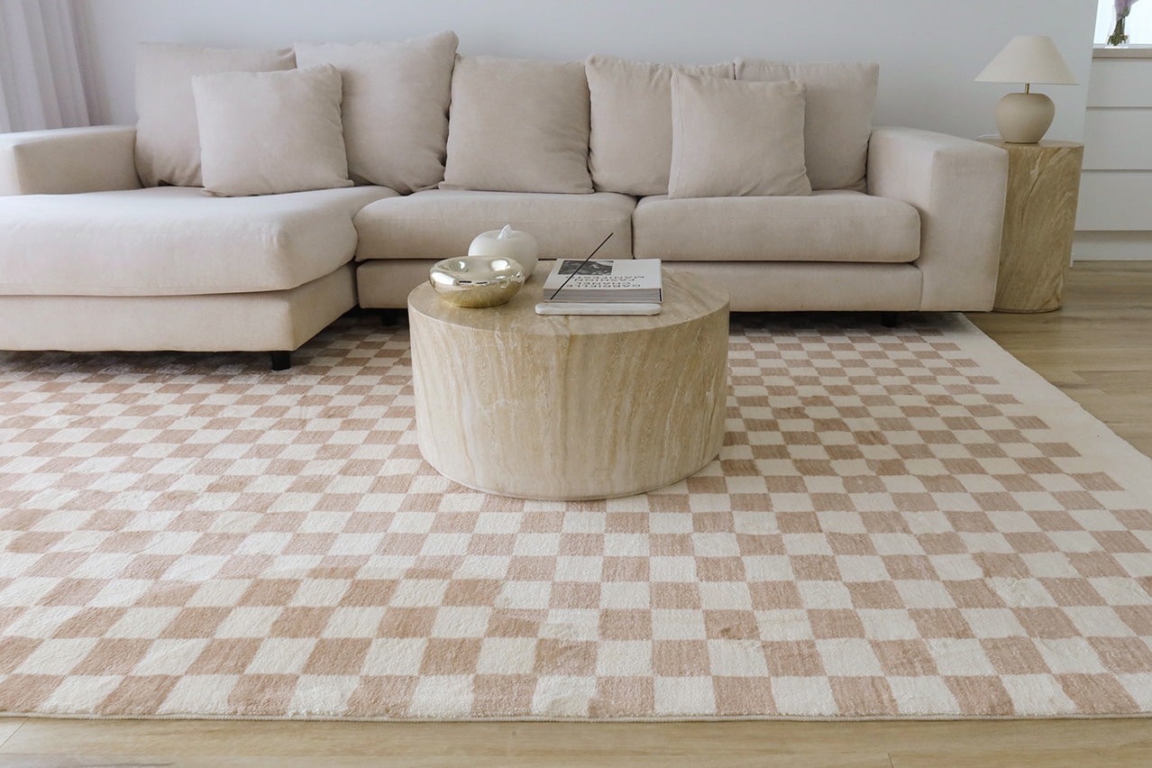 Jazine Cream and Brown Chequered Washable Rug