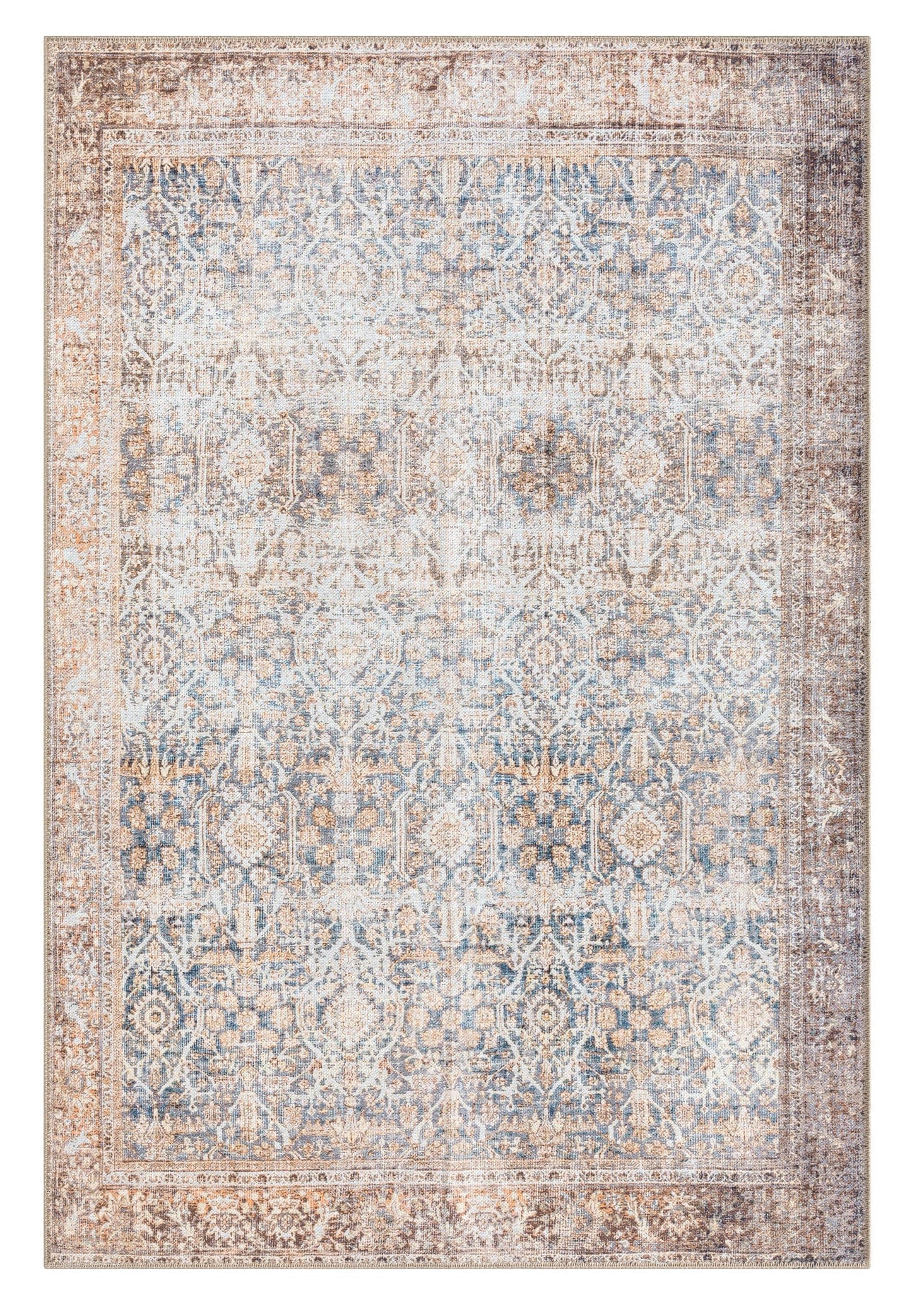 Krisna Brown and Blue Traditional Distressed Washable Rug