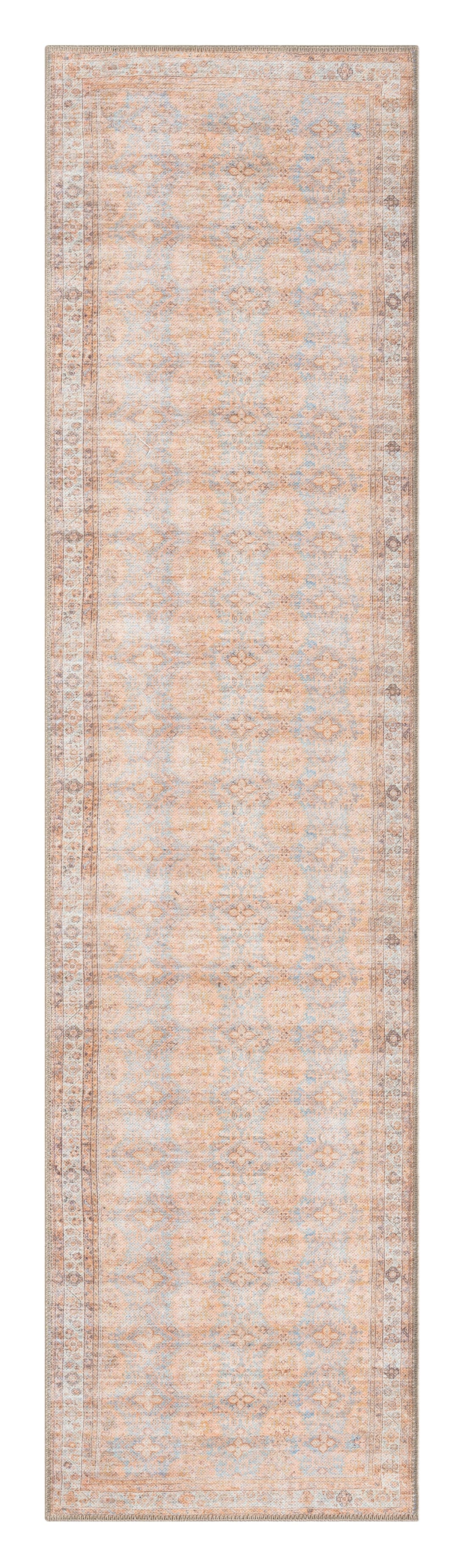 Narem Pink Orange and Blue Traditional Distressed Washable Runner Rug