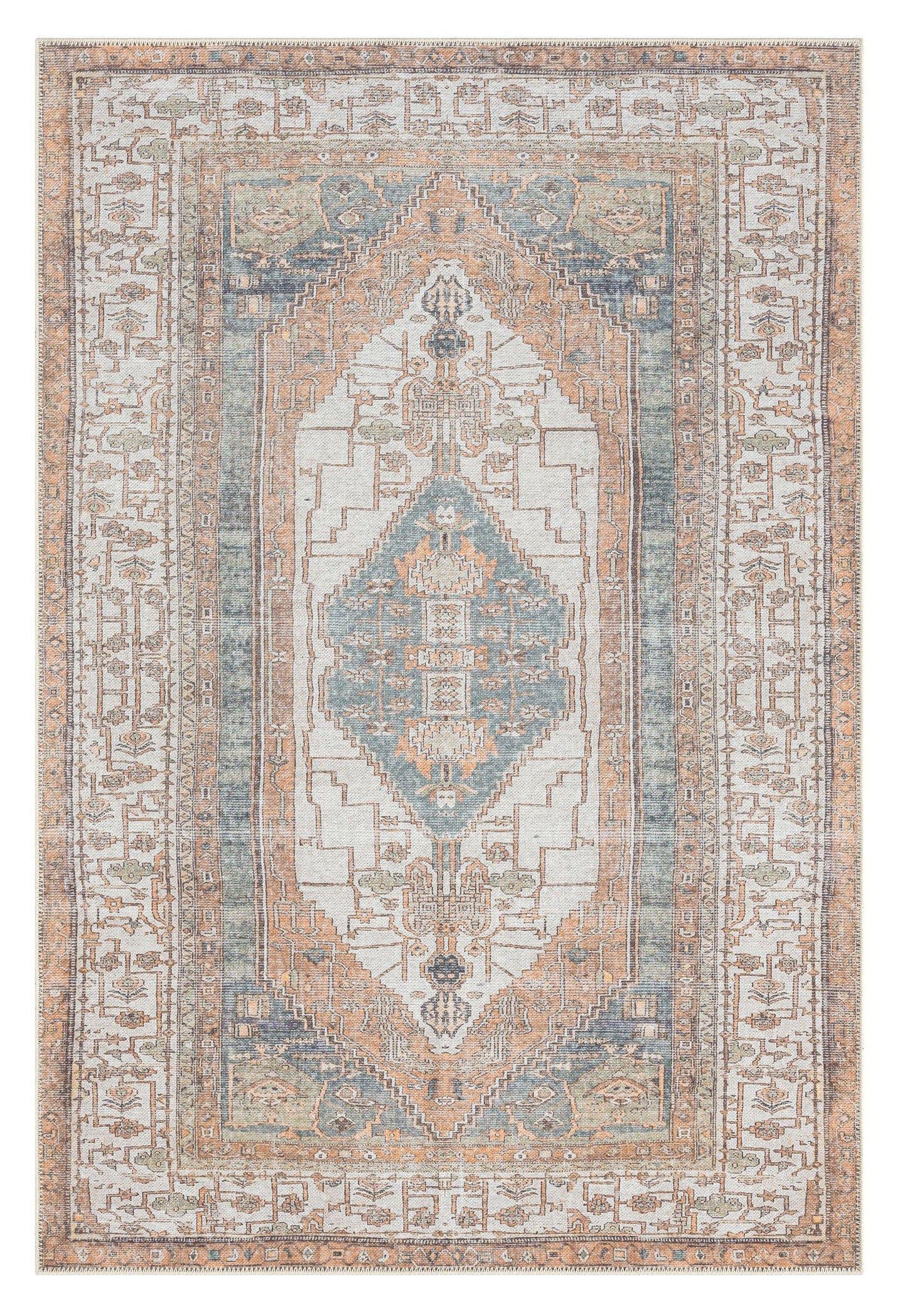 Priya Orange and Green Traditional Distressed Washable Rug