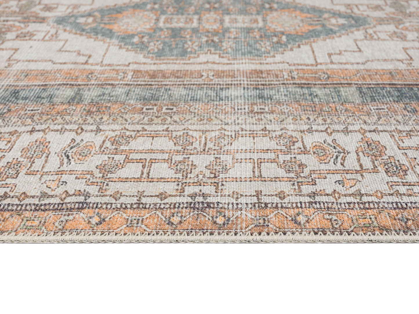 Priya Orange and Green Traditional Distressed Washable Rug