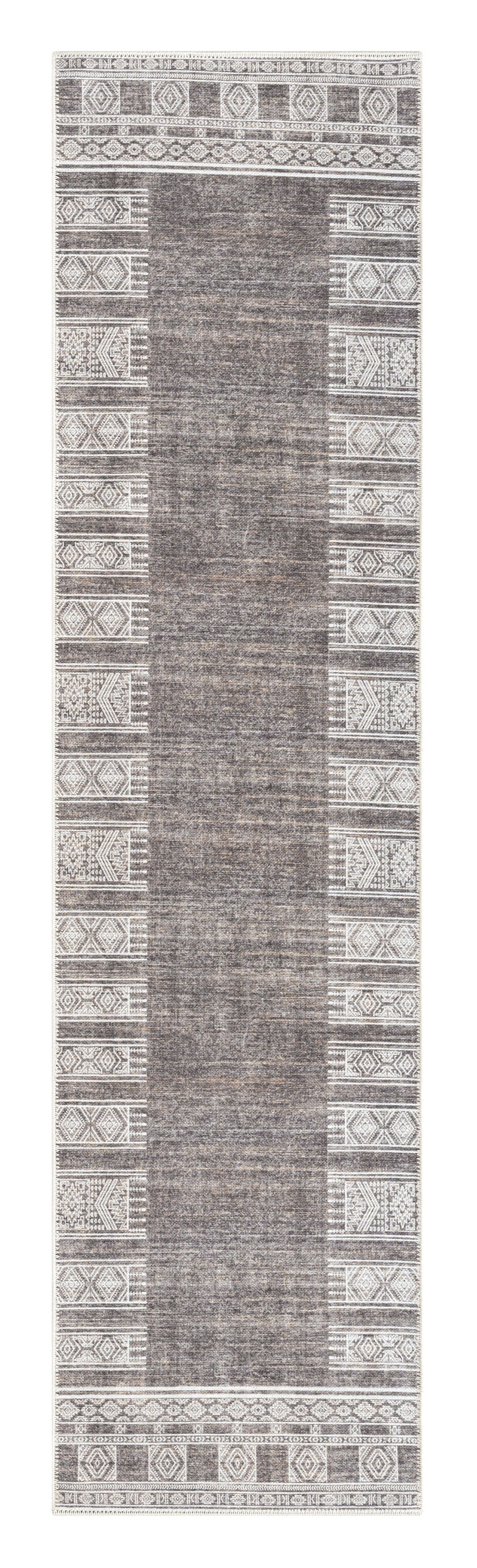 Raia Charcoal and Grey Tribal Distressed Washable Runner Rug