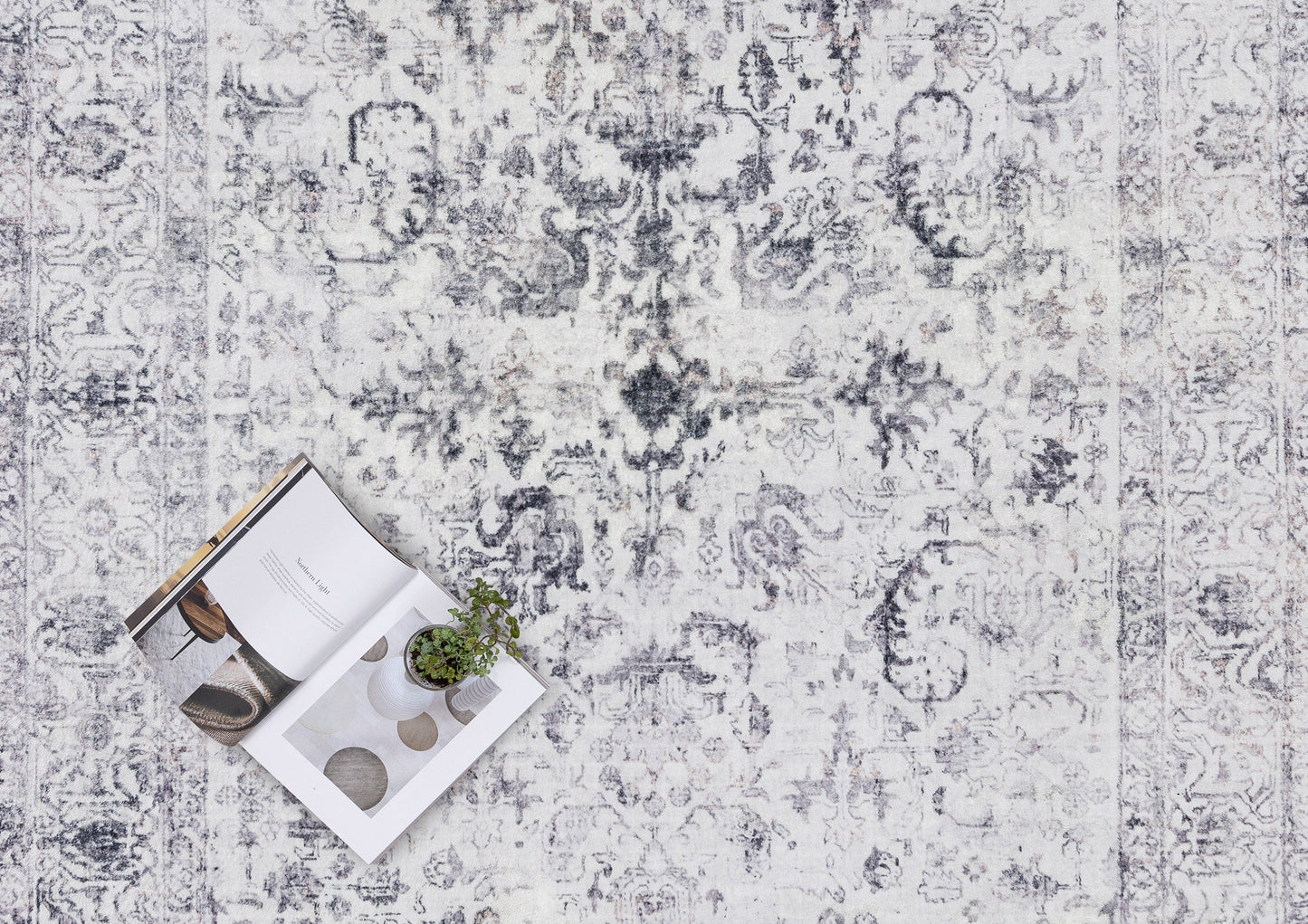 Sakalar Grey Floral Medallion Washable Rug