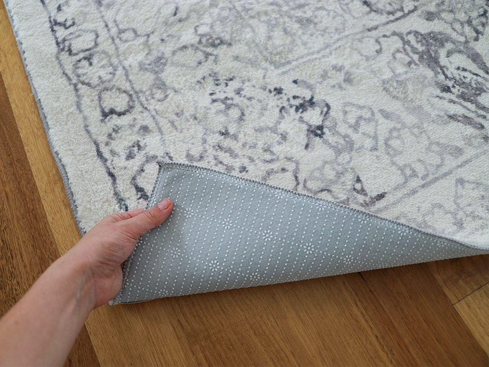 Yeni Grey and Beige Floral Washable Rug