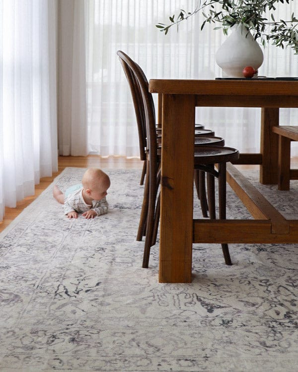 Yeni Grey and Beige Floral Washable Rug